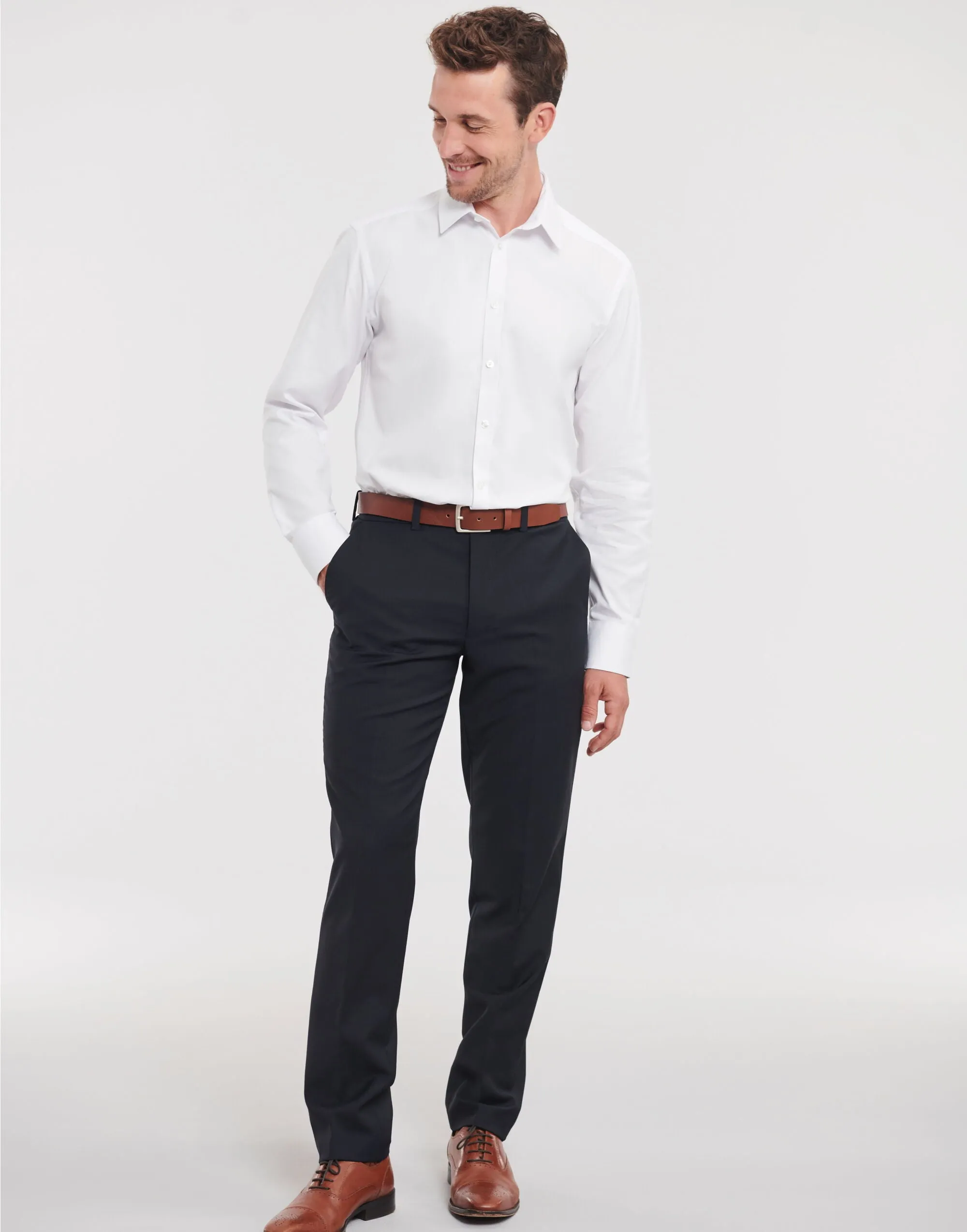 962M Russell Collection Mens LS H'Bone Shirt
