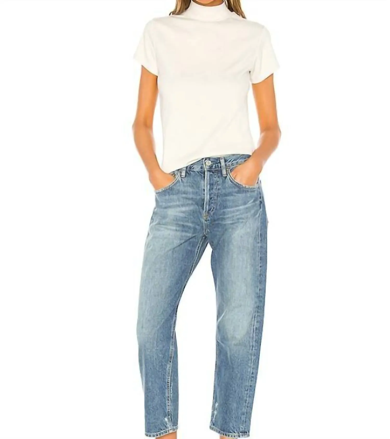 Agolde - Mock Neck Short Sleeve Ribbed Cotton Knit Top