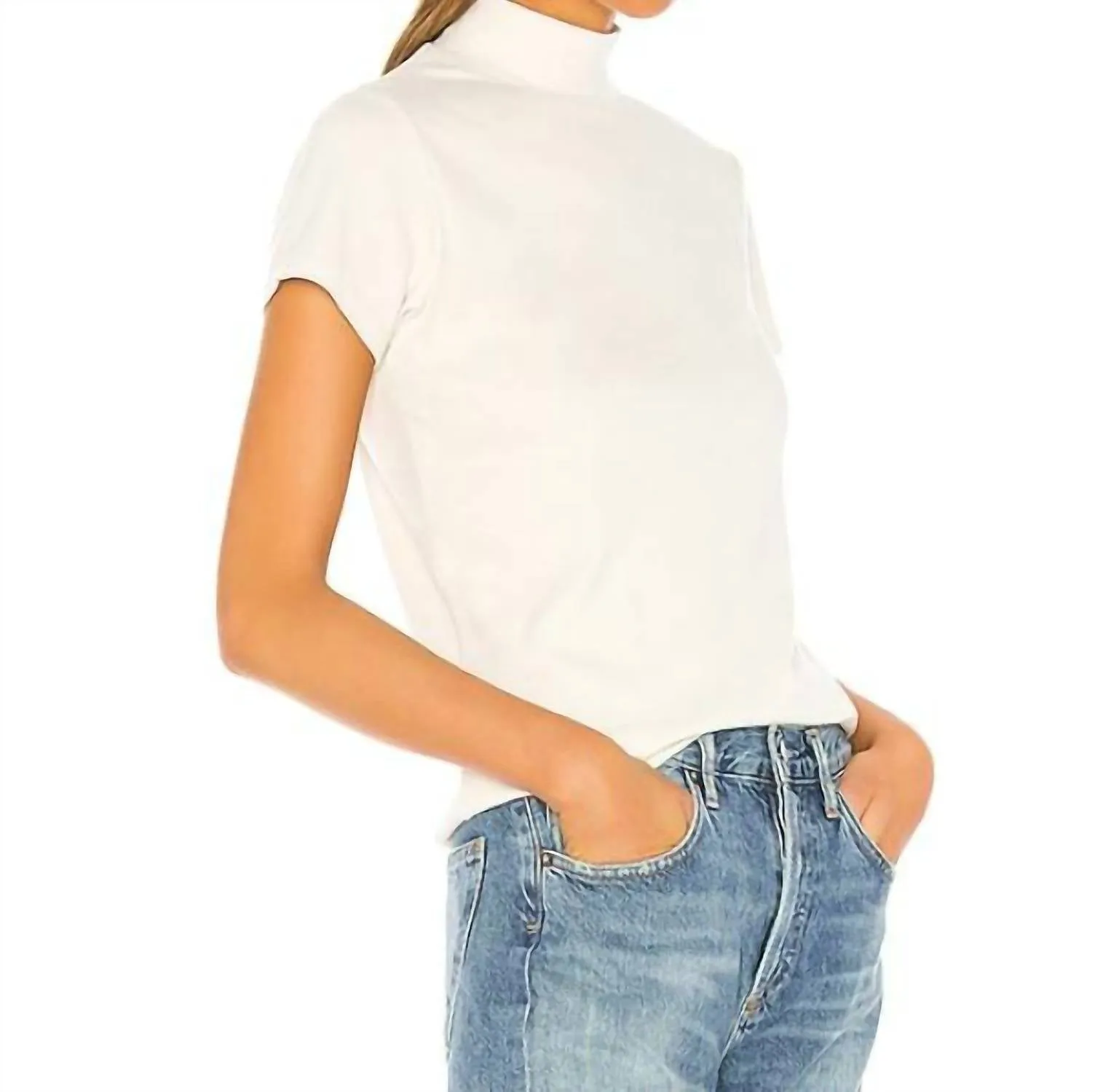 Agolde - Mock Neck Short Sleeve Ribbed Cotton Knit Top