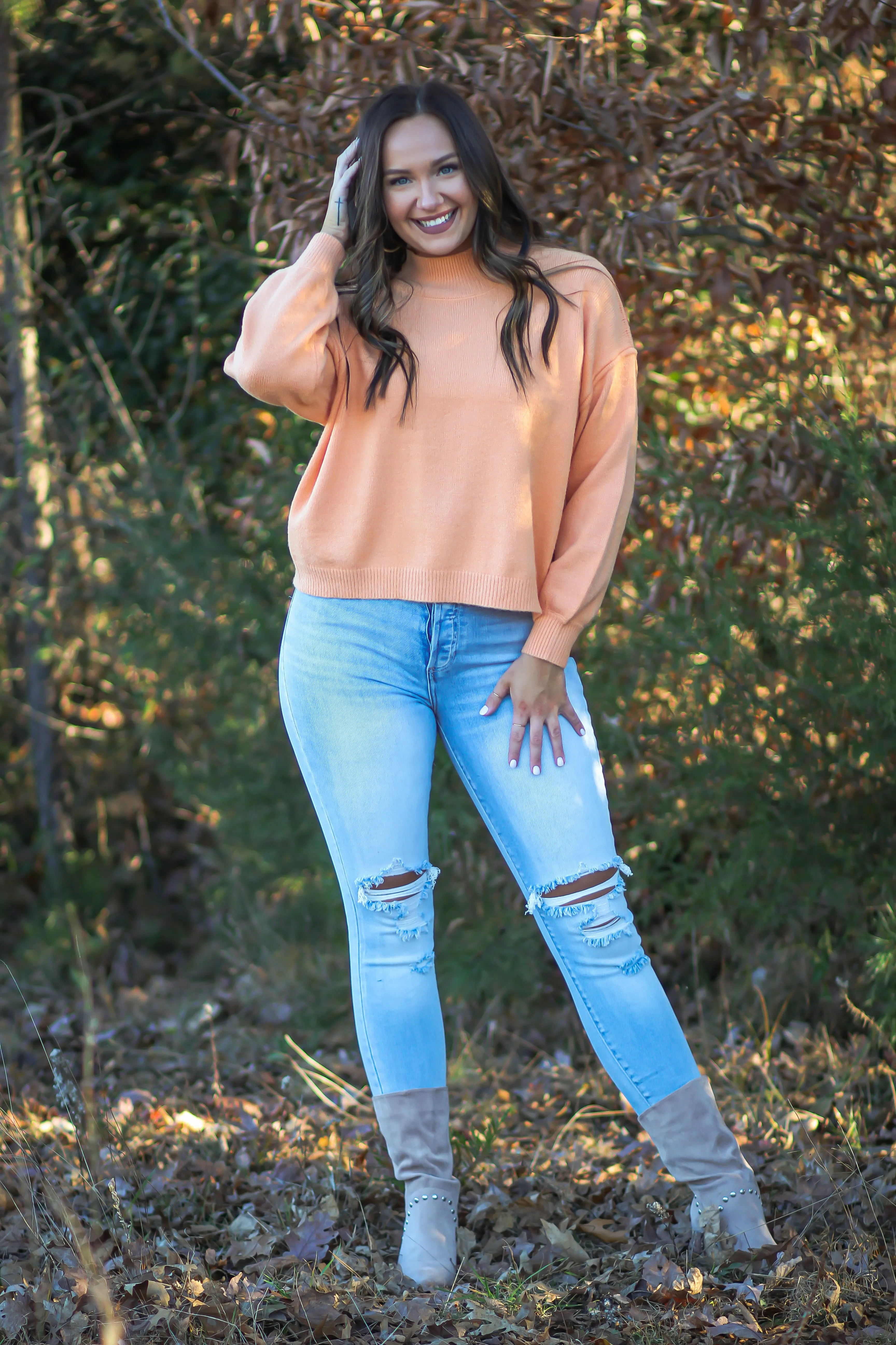 Apricot Soft Knit Mock Neck Sweater