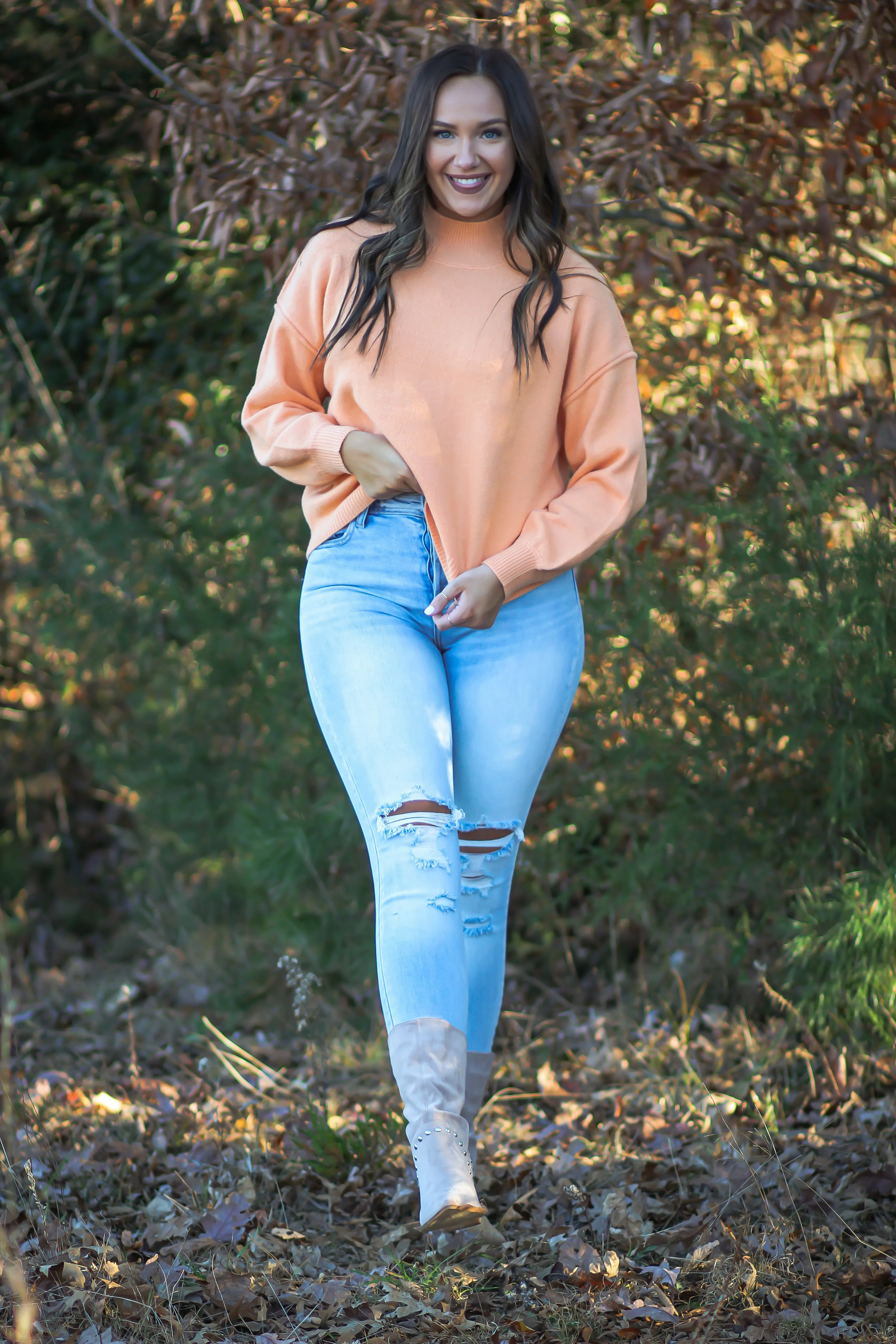 Apricot Soft Knit Mock Neck Sweater