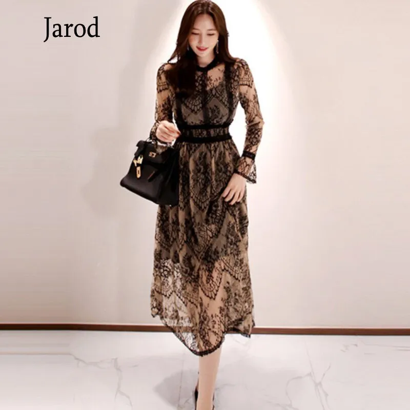 BerryBetty - 2024 Fashion Outfits Spring Elegant Sexy Women Vintage Lace Long Sleeve O-Neck Robe Femme OL High Waist Casual Slim Party Dresses