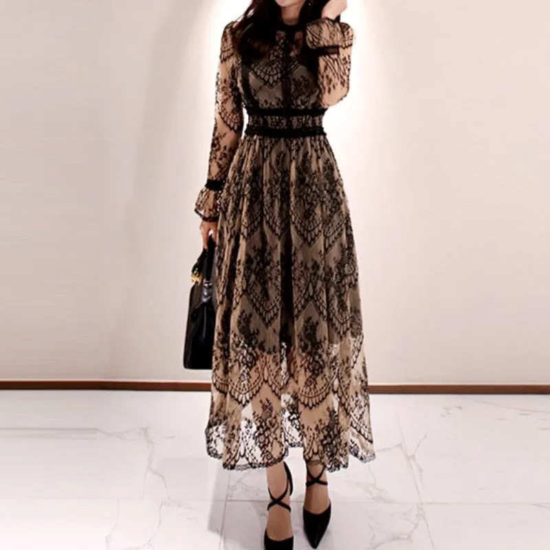 BerryBetty - 2024 Fashion Outfits Spring Elegant Sexy Women Vintage Lace Long Sleeve O-Neck Robe Femme OL High Waist Casual Slim Party Dresses
