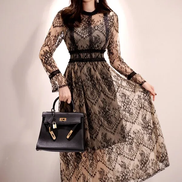 BerryBetty - 2024 Fashion Outfits Spring Elegant Sexy Women Vintage Lace Long Sleeve O-Neck Robe Femme OL High Waist Casual Slim Party Dresses
