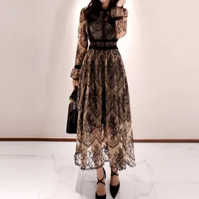 BerryBetty - 2024 Fashion Outfits Spring Elegant Sexy Women Vintage Lace Long Sleeve O-Neck Robe Femme OL High Waist Casual Slim Party Dresses
