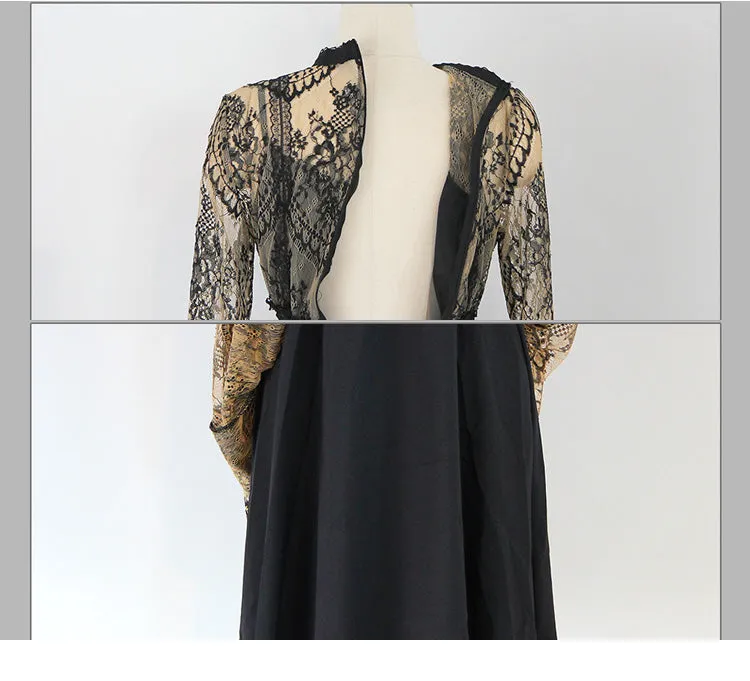 BerryBetty - 2024 Fashion Outfits Spring Elegant Sexy Women Vintage Lace Long Sleeve O-Neck Robe Femme OL High Waist Casual Slim Party Dresses
