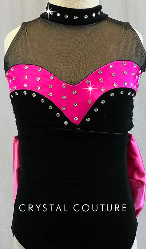 Black & Pink Mock Neck Leotard with Pink Back Bow - Rhinestones