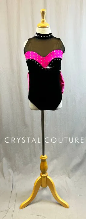 Black & Pink Mock Neck Leotard with Pink Back Bow - Rhinestones