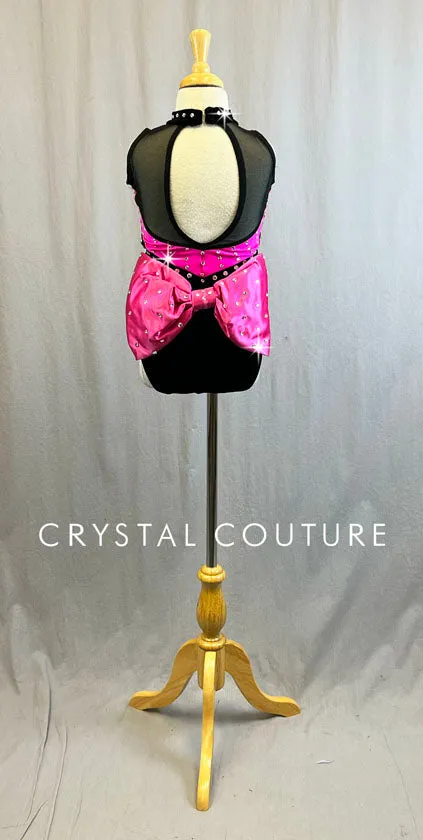 Black & Pink Mock Neck Leotard with Pink Back Bow - Rhinestones