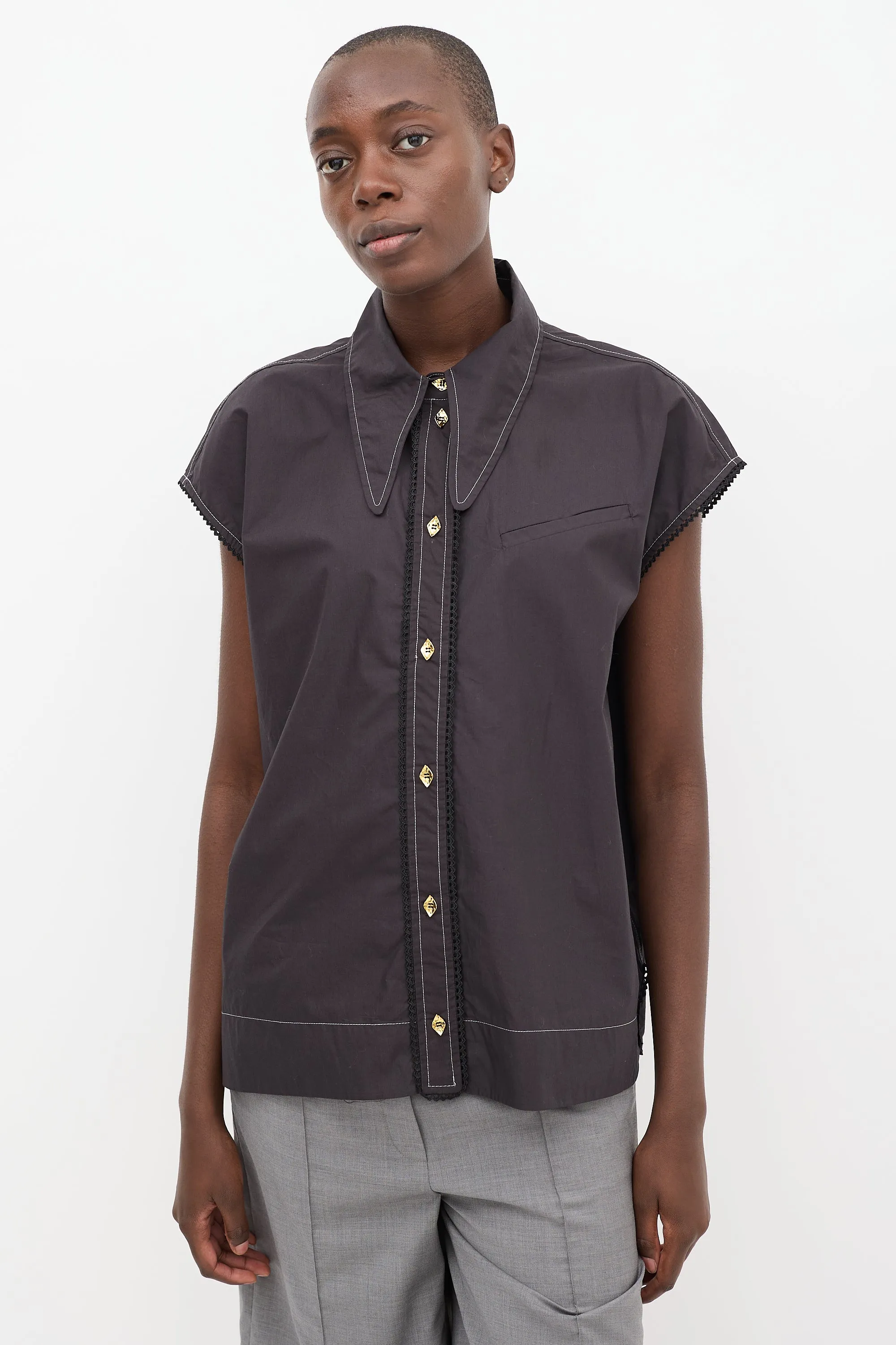 Black Cotton Poplin Sleeveless Diamond Shirt