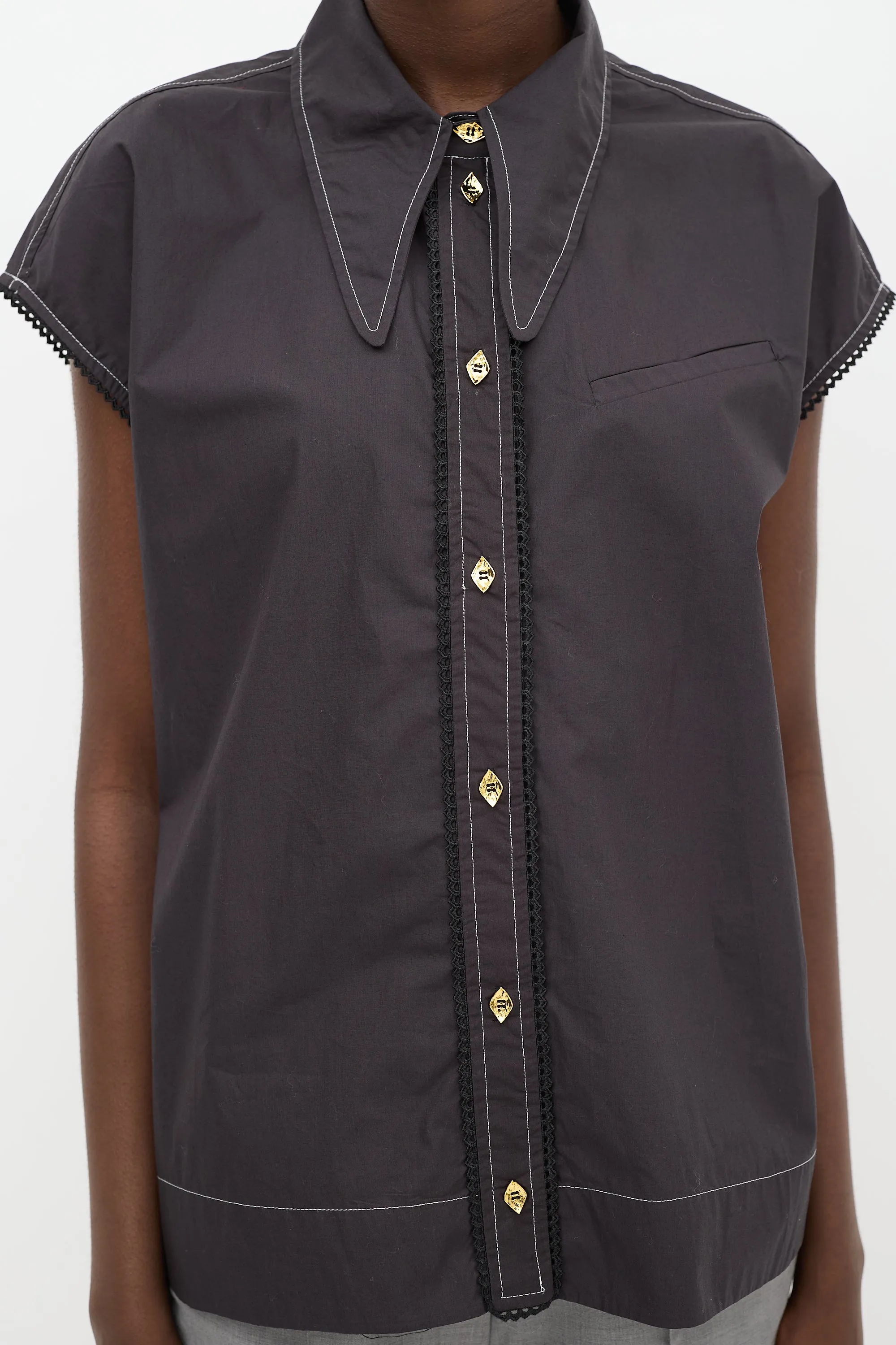 Black Cotton Poplin Sleeveless Diamond Shirt