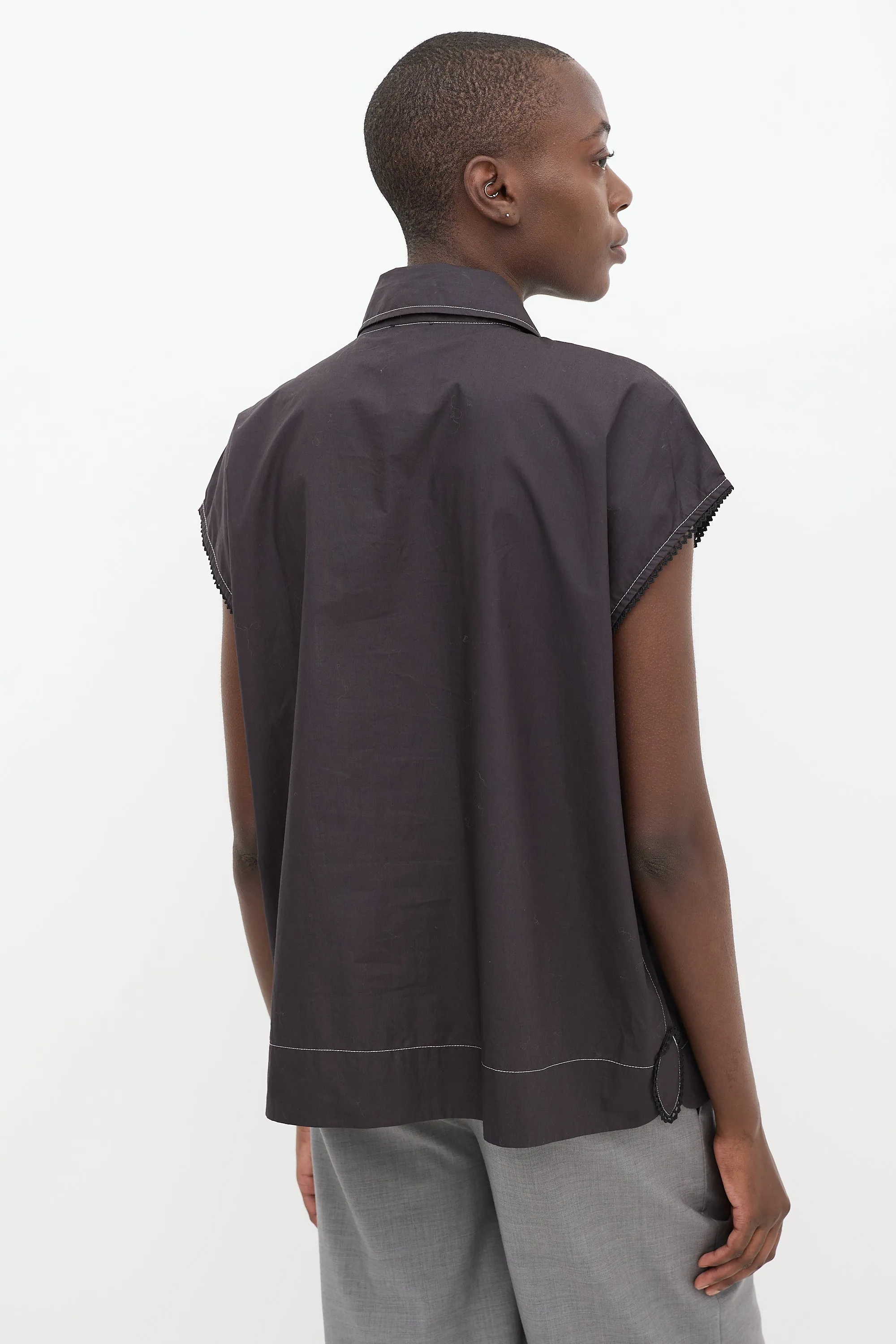 Black Cotton Poplin Sleeveless Diamond Shirt