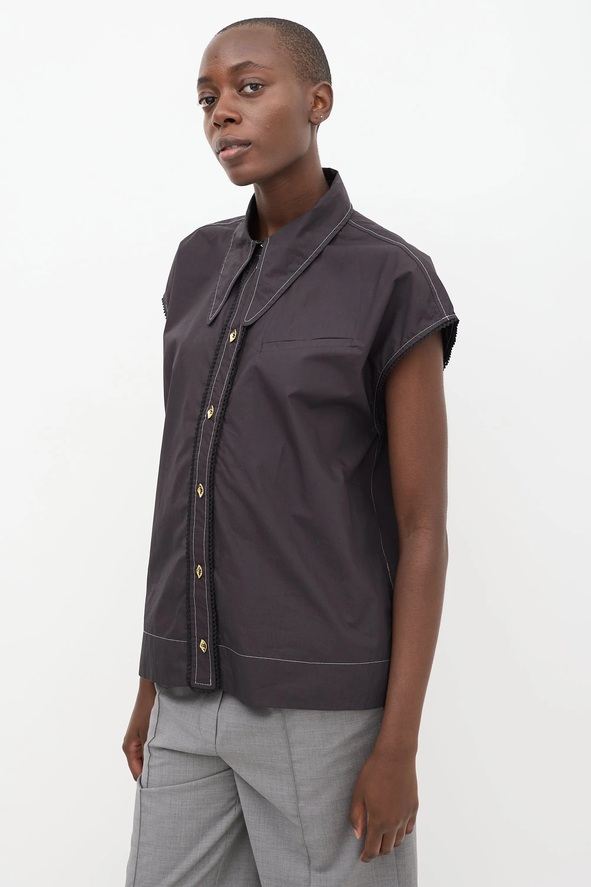 Black Cotton Poplin Sleeveless Diamond Shirt