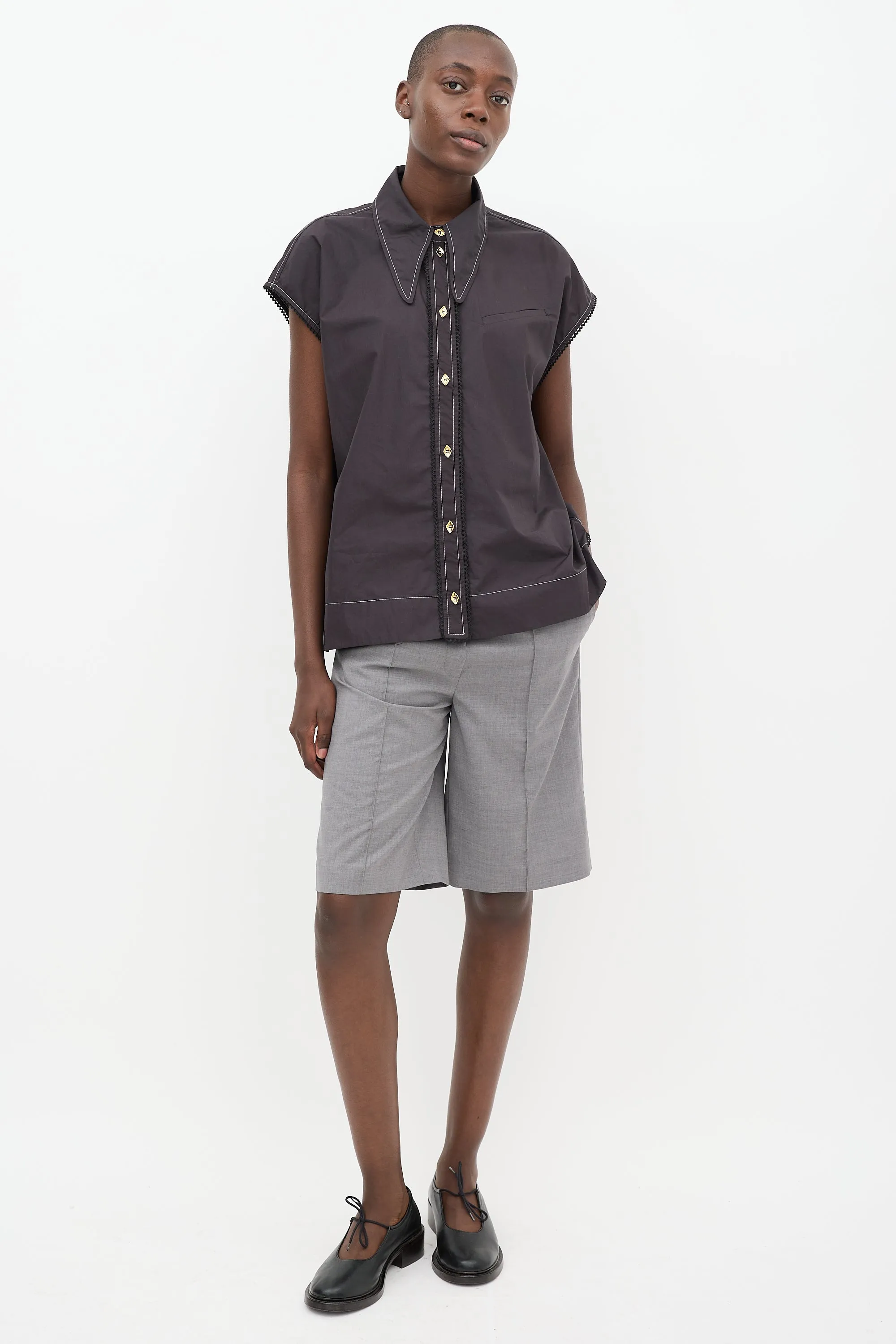 Black Cotton Poplin Sleeveless Diamond Shirt