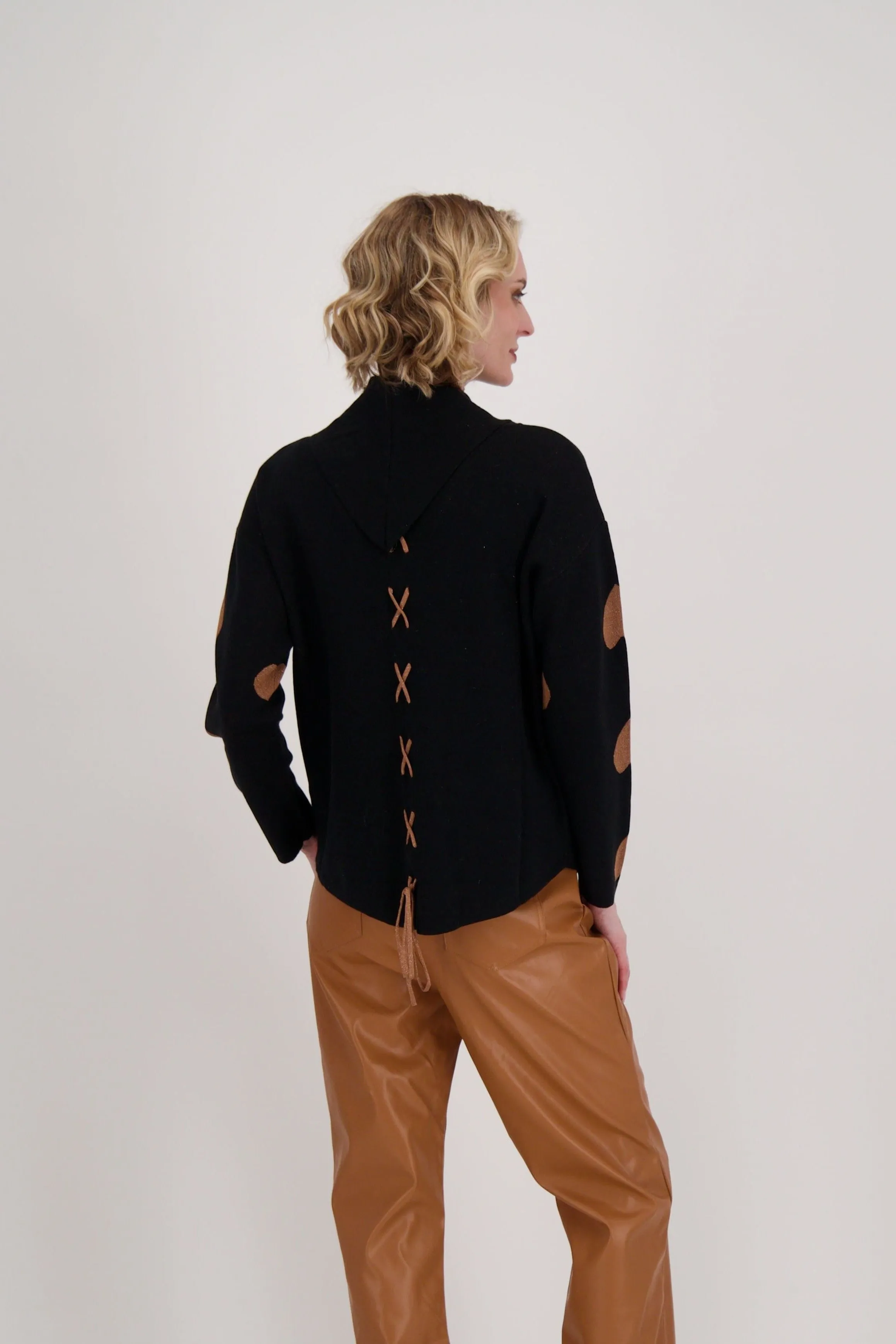 Brown Hearts Mock Neck Sweater With Back Tie-Up