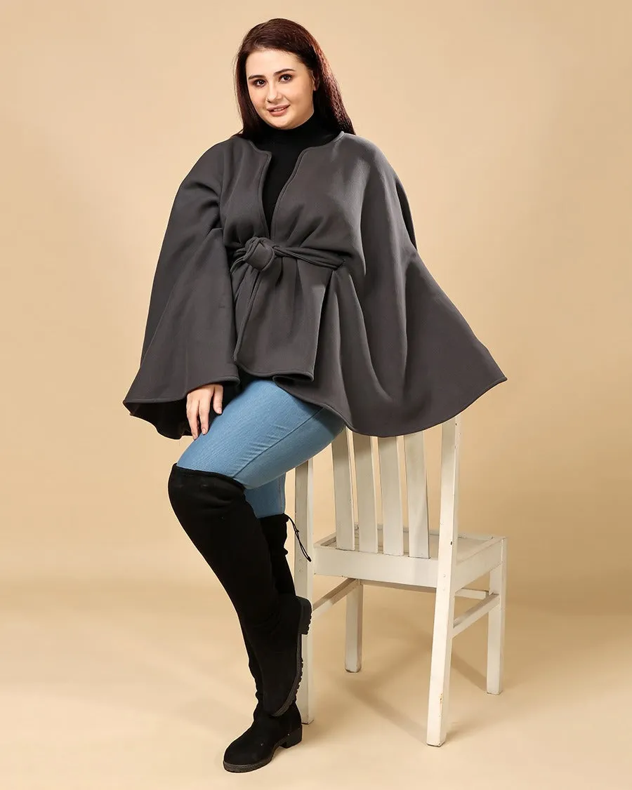 Dark Grey Solid Winter Belted Cape