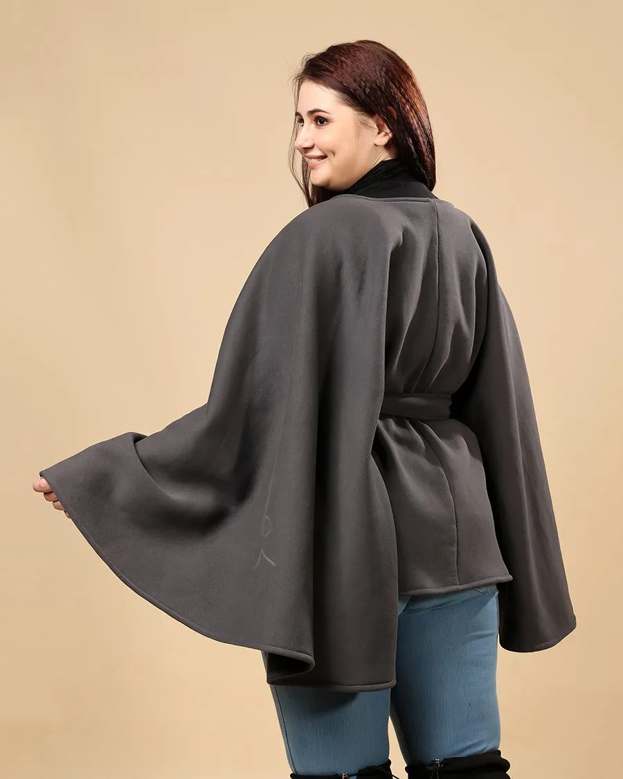 Dark Grey Solid Winter Belted Cape