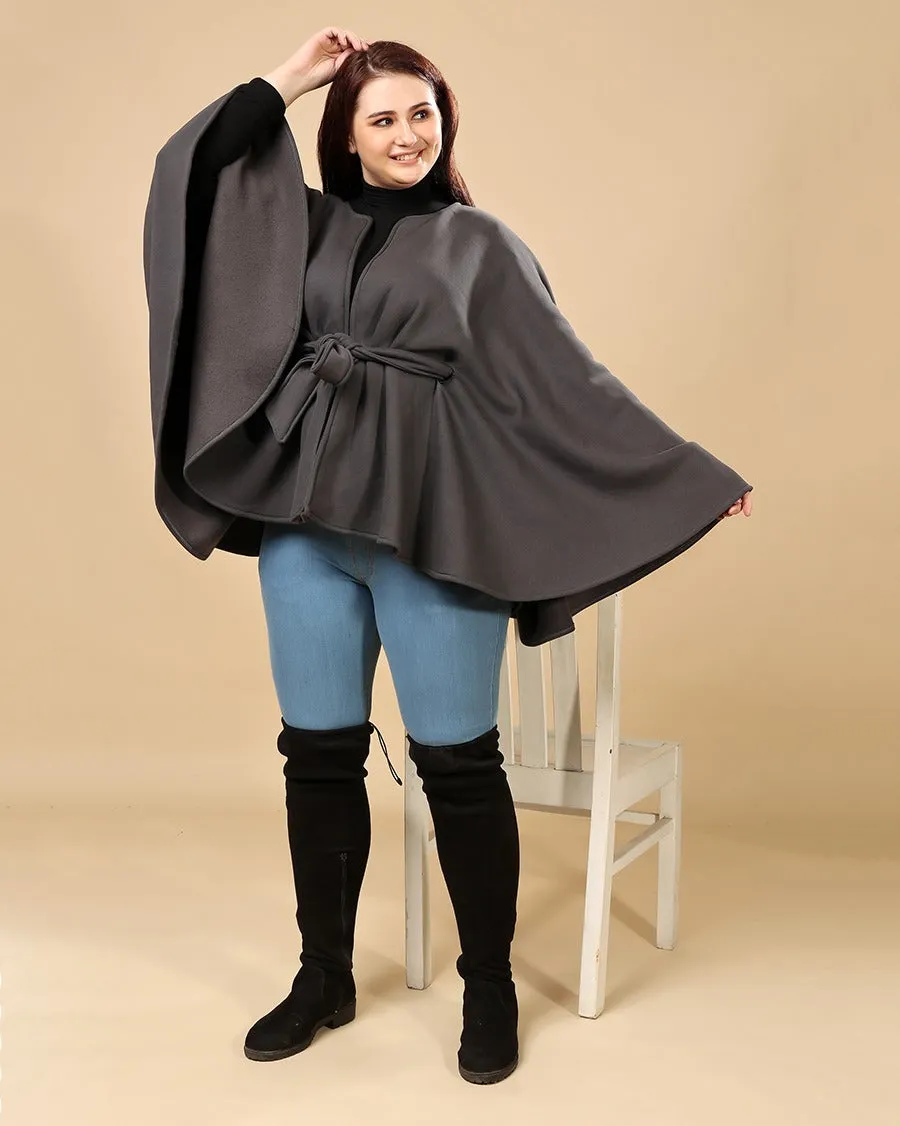 Dark Grey Solid Winter Belted Cape