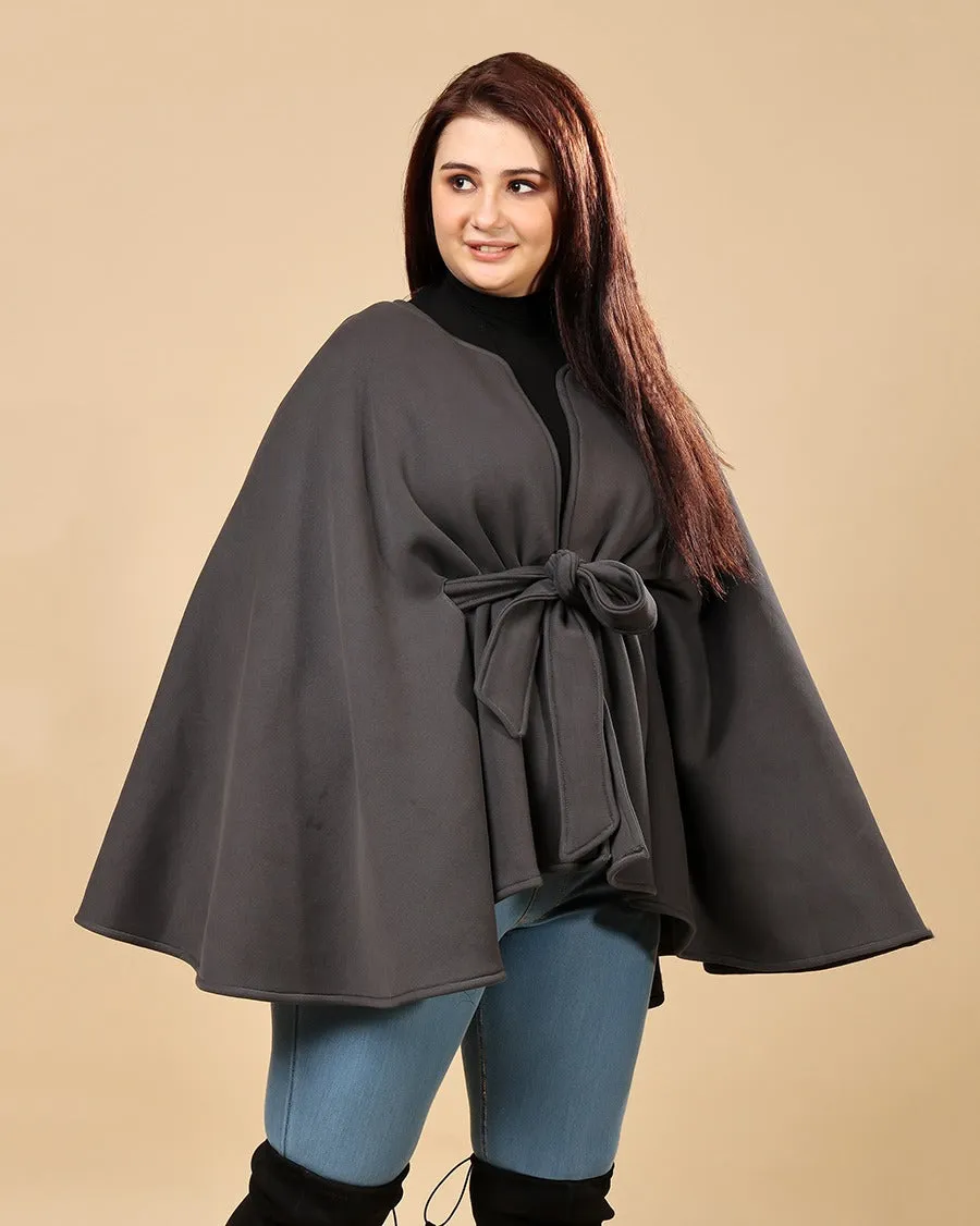 Dark Grey Solid Winter Belted Cape
