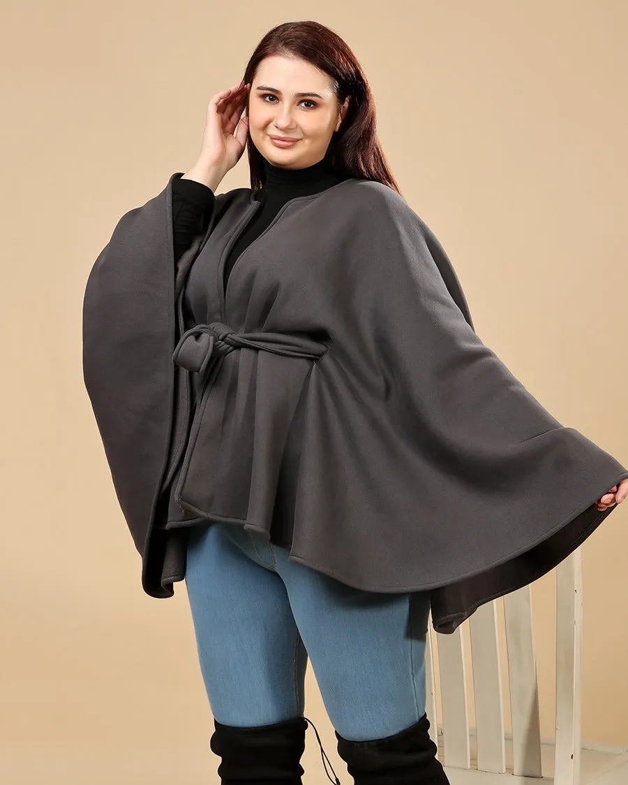 Dark Grey Solid Winter Belted Cape