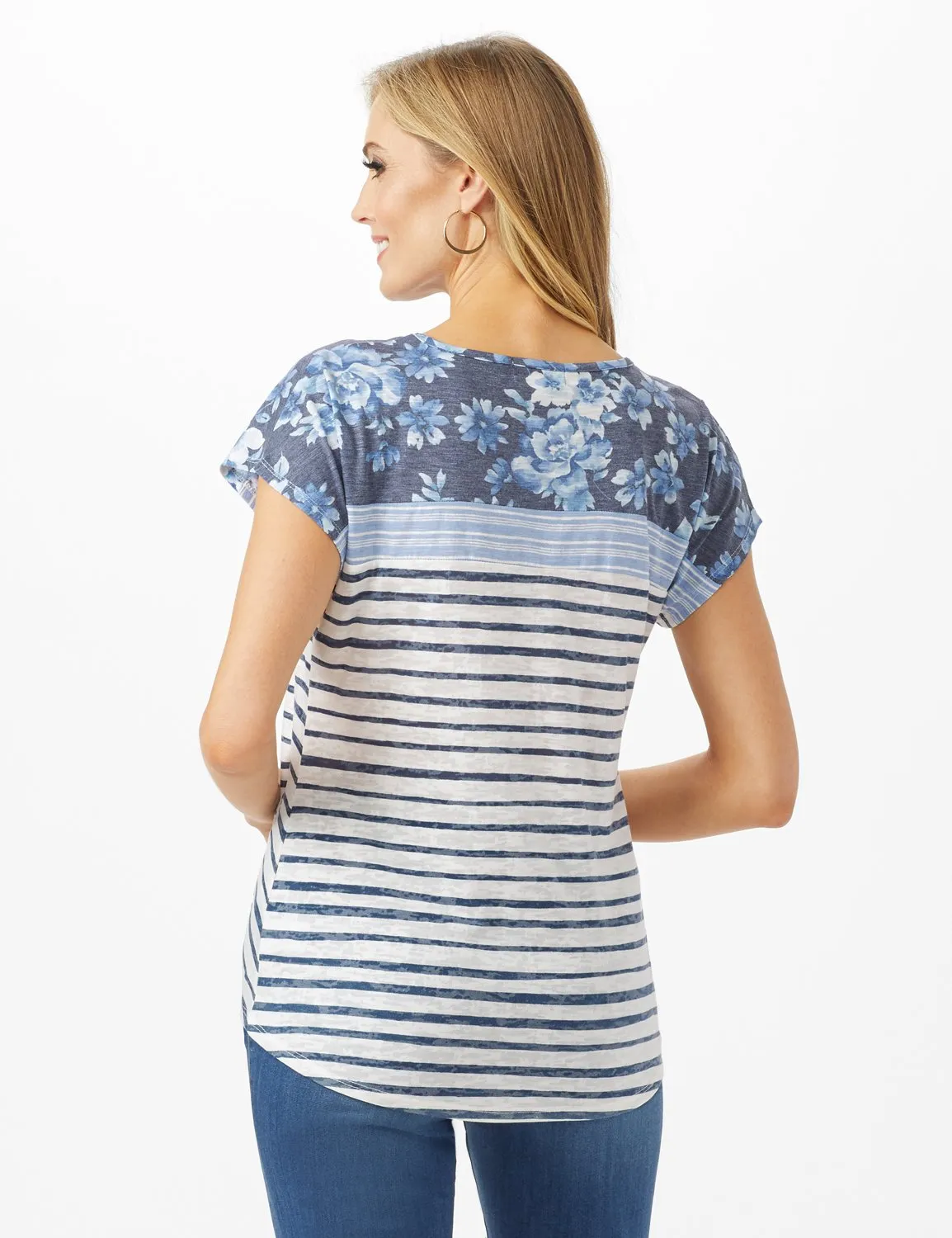 Denim Friendly Knot Front Mix Floral Stripe Top