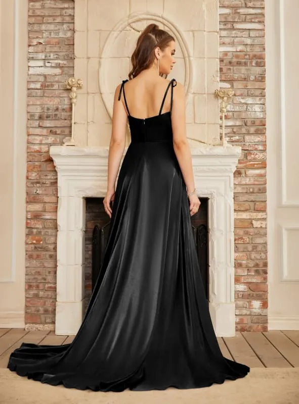 Elegant Dark Navy A-Line Spaghetti Straps Sleeveless Satin Prom Dresses