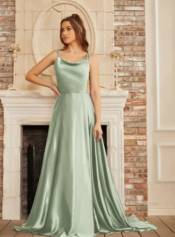 Elegant Dark Navy A-Line Spaghetti Straps Sleeveless Satin Prom Dresses