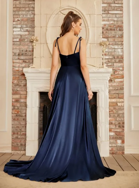 Elegant Dark Navy A-Line Spaghetti Straps Sleeveless Satin Prom Dresses