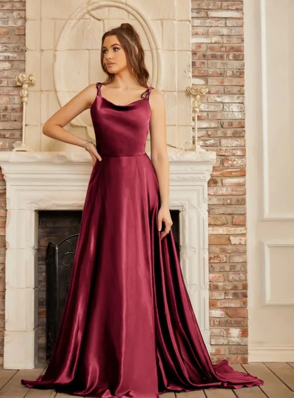 Elegant Dark Navy A-Line Spaghetti Straps Sleeveless Satin Prom Dresses