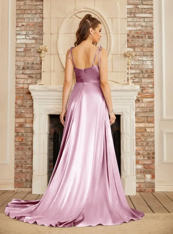 Elegant Dark Navy A-Line Spaghetti Straps Sleeveless Satin Prom Dresses