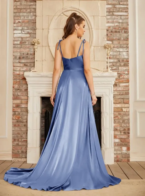 Elegant Dark Navy A-Line Spaghetti Straps Sleeveless Satin Prom Dresses