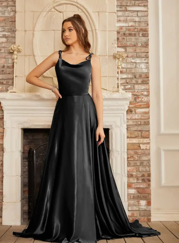 Elegant Dark Navy A-Line Spaghetti Straps Sleeveless Satin Prom Dresses