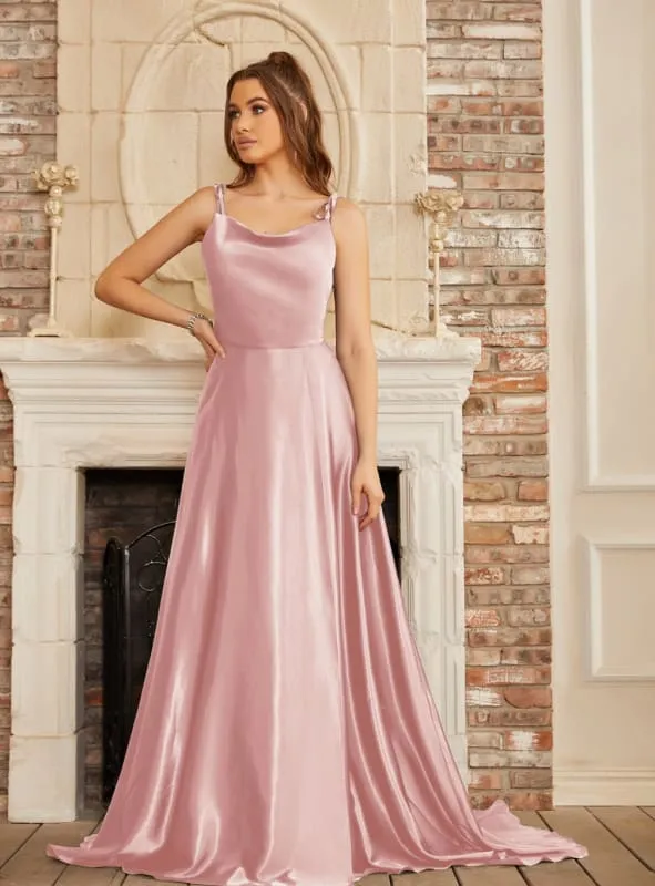 Elegant Dark Navy A-Line Spaghetti Straps Sleeveless Satin Prom Dresses