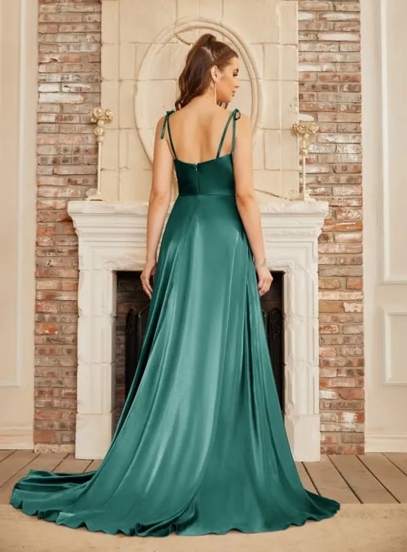 Elegant Dark Navy A-Line Spaghetti Straps Sleeveless Satin Prom Dresses