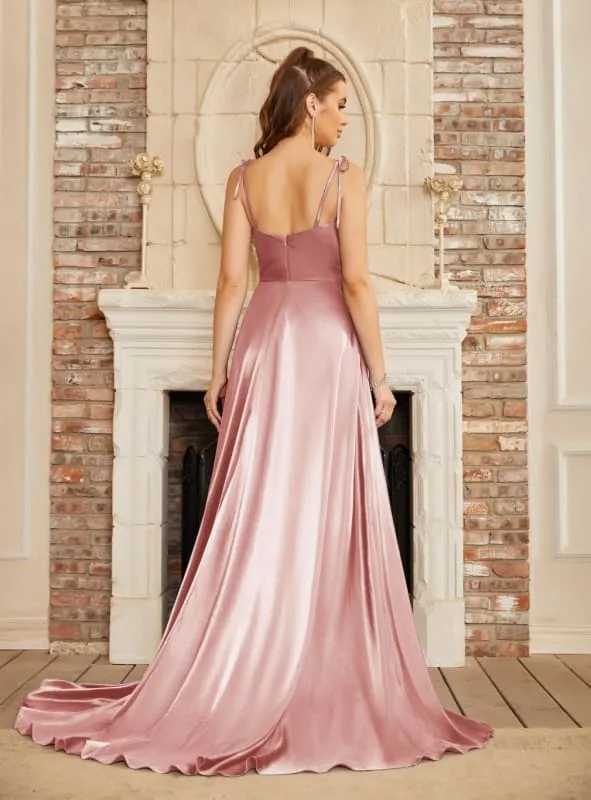 Elegant Dark Navy A-Line Spaghetti Straps Sleeveless Satin Prom Dresses