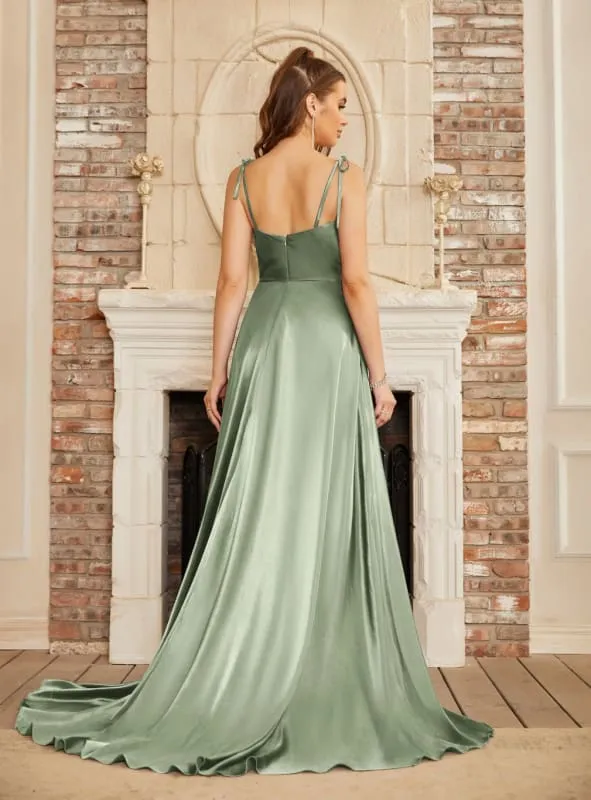 Elegant Dark Navy A-Line Spaghetti Straps Sleeveless Satin Prom Dresses