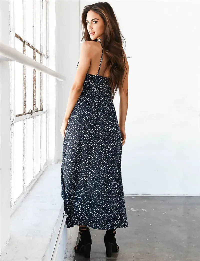 FashionSierra - 2024 Floral Print Spaghetti Strap Sexy Split Maxi Boho Dress