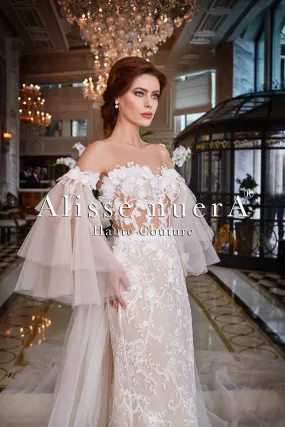 Floral Lace Cream Color Bridal Dress with Ruffle Sleeve