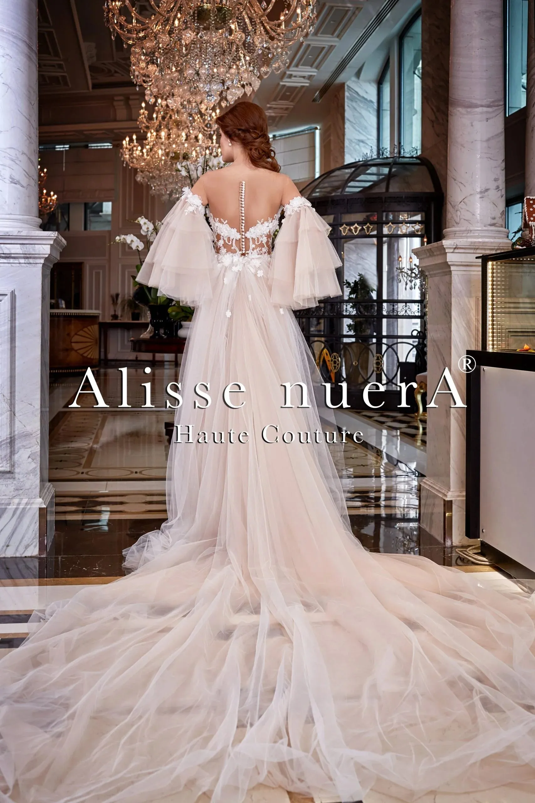 Floral Lace Cream Color Bridal Dress with Ruffle Sleeve