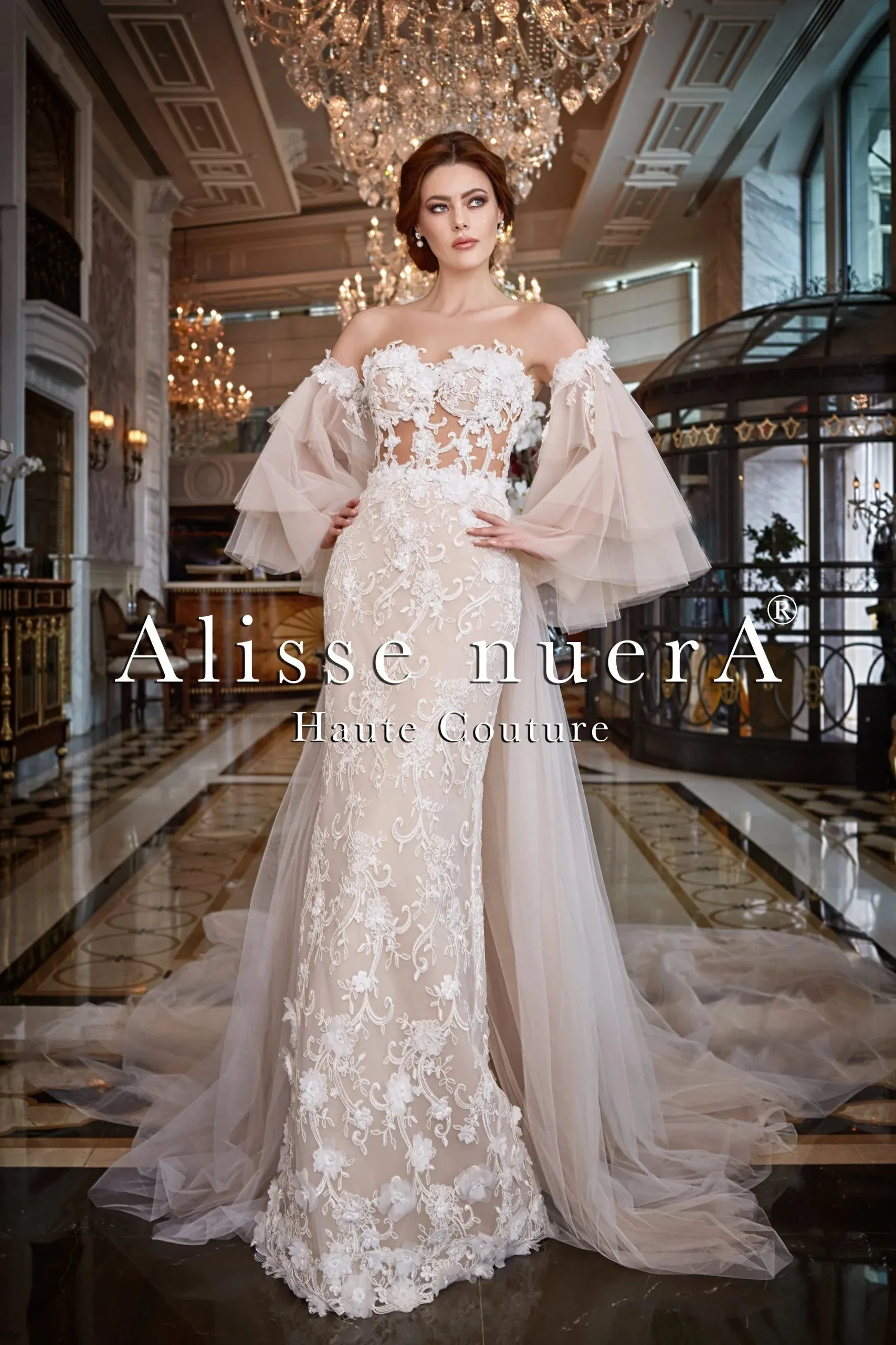 Floral Lace Cream Color Bridal Dress with Ruffle Sleeve
