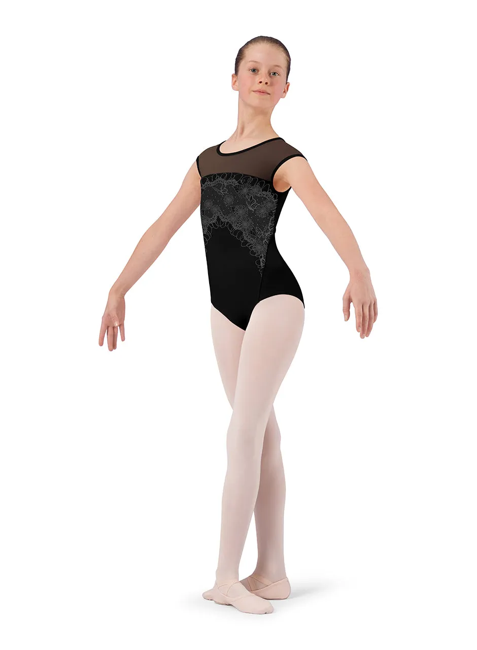 Girls Black Print Butterflies & Flowers Cap Sleeve Leotard