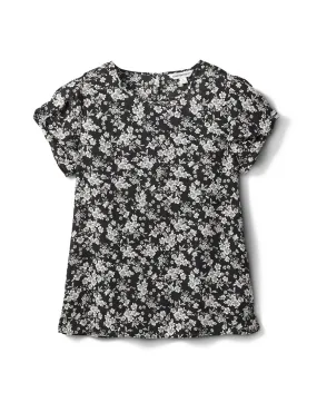 Keyhole Back White and Black Floral Blouse