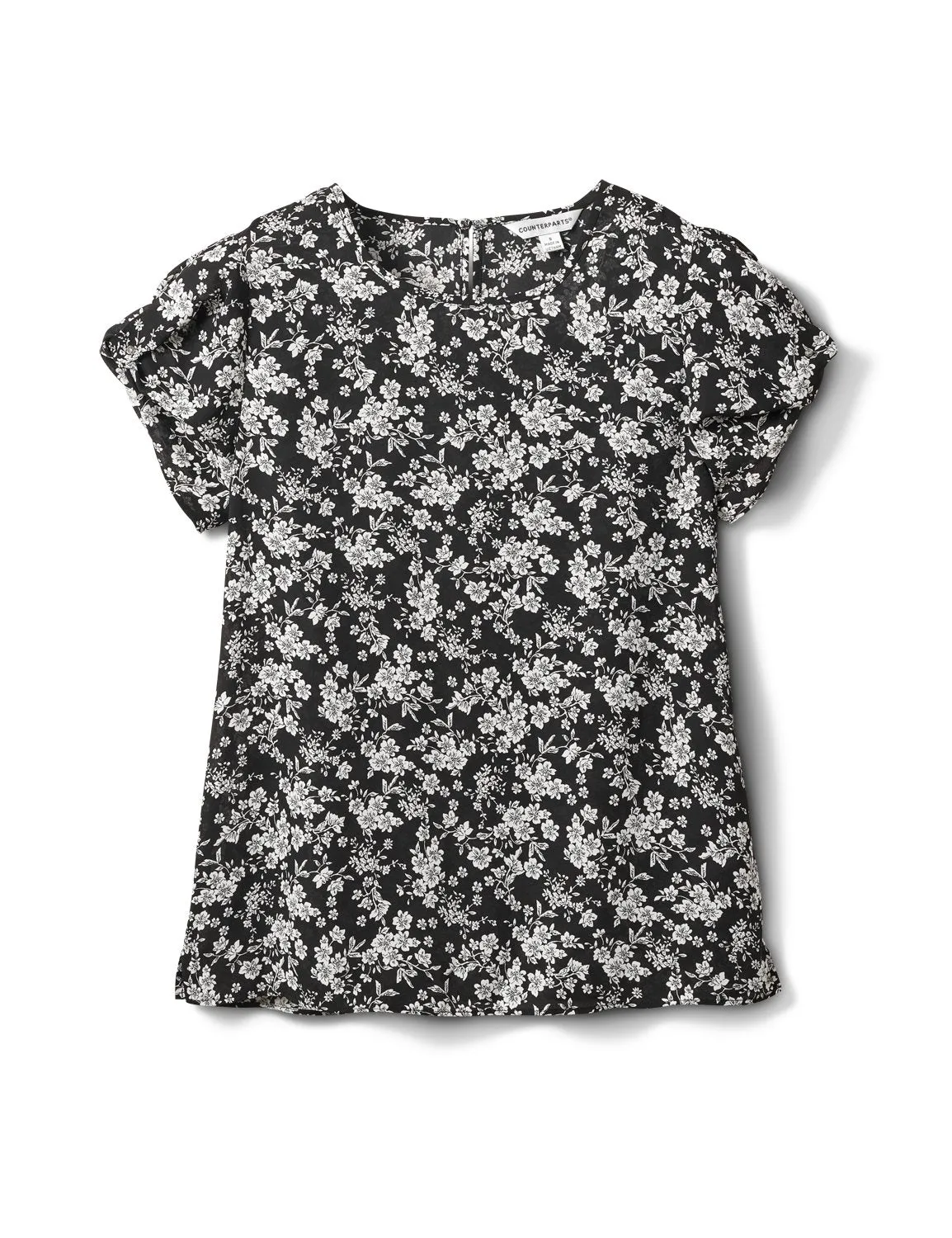 Keyhole Back White and Black Floral Blouse
