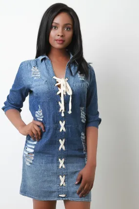 Lace Up Collared Denim Dress